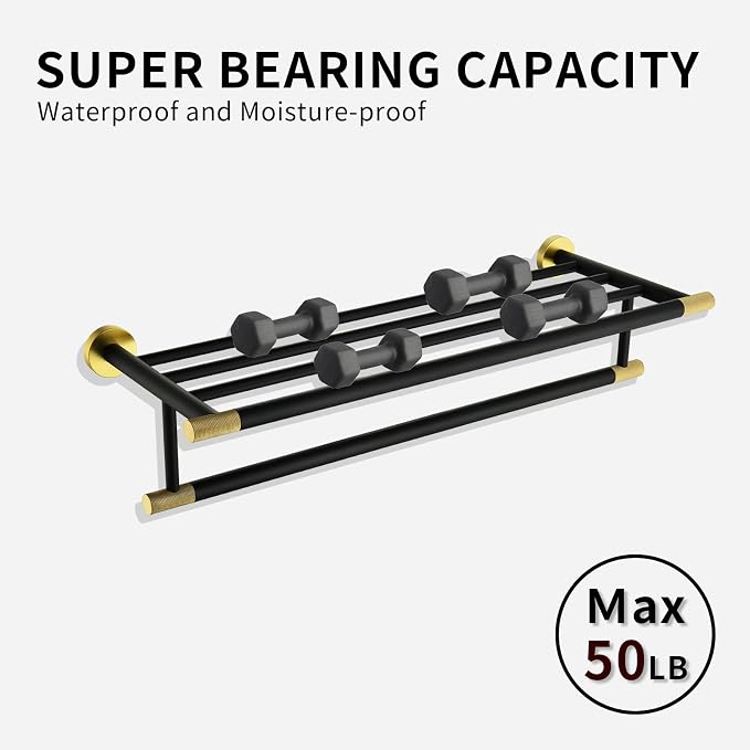 Black Brushed Gold Towel Rack 24'' Bath Towel Shelf - Image 4