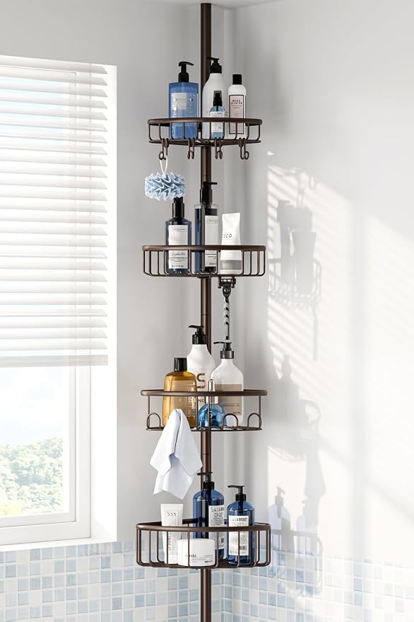Corner Shower Caddy Tension Pole: Stainless Steel Rustproof 4-Tier Shower by ESSEMELLC