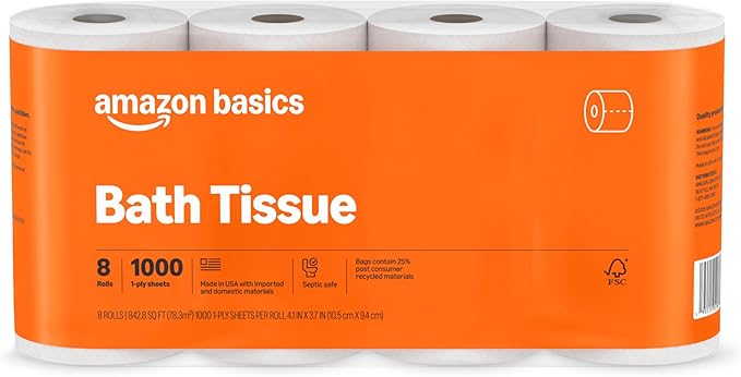 Amazon Basics 1000 Sheet 1-Ply Bath Tissue, 8 Rolls by AmazonBasics