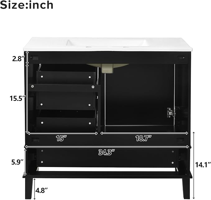 36" Bathroom Vanity with Solid Pine Frame, 1 Soft Close Door and 3 Drawers - Image 9