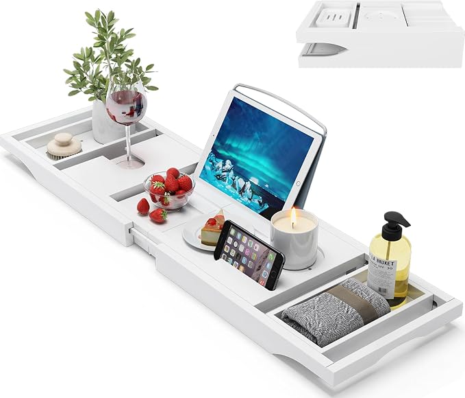 Foldable Bamboo Bathtub Caddy Tray Expandable by BAMBUROBA