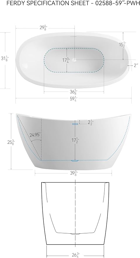 FerdY Naha 59" Acrylic Freestanding Bathtub, Curve Edge Freestanding Soaking - Image 6