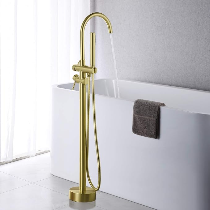 Freestanding Tub Filler Bathtub Faucet Brushed Gold Floor Mounted Brass Faucets - Image 3