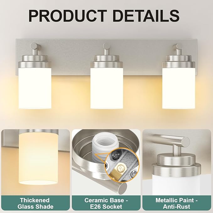 IZORRO Bathroom Vanity Light Fixture, 3-Light 22 Inch Brushed Nickel Bathroom - Image 3