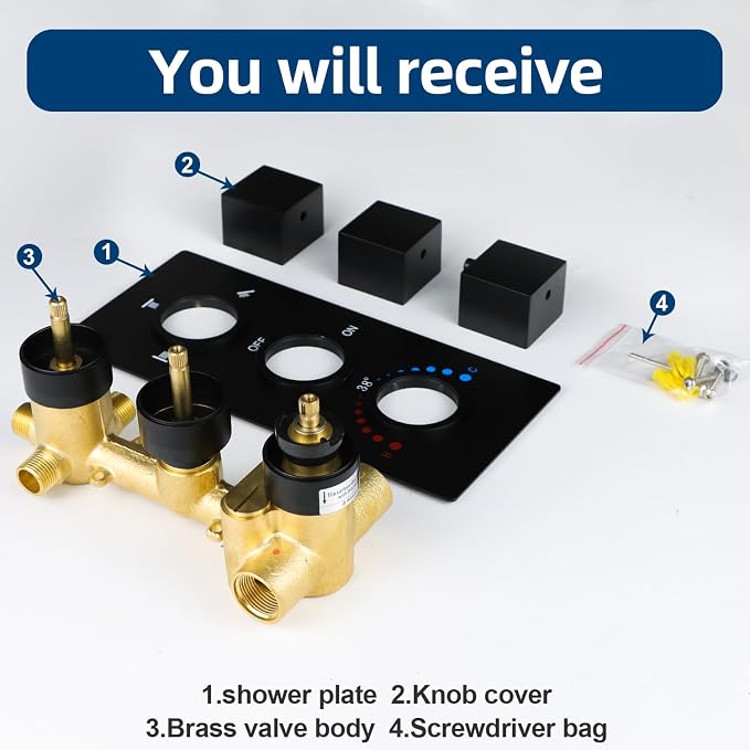 HOMEDEC Brass 3 Way Shower Diverter Valve, Thermostatic 3 Handle Control Shower - Image 6