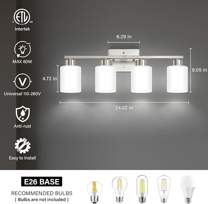 Brushed Nickel Bathroom Light Fixtures, 4-Light Modern Vanity Light Over Mirror - Image 2