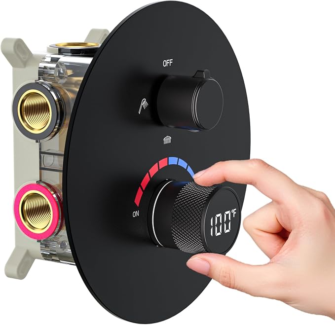 Temperature Display Shower Valve 3 Way Brass Rough-in Mixer and Round Trim Kit by FULAIWANG