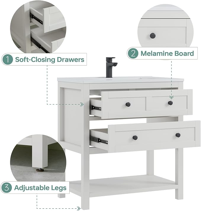 30 Inch Bathroom Vanity with Sink, Farmhouse Storage Cabinet with Drawers & - Image 5