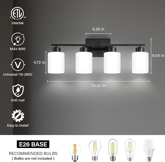 Black Bathroom Light Fixtures, 4-Light Modern Vanity Light Over Mirror - Image 2