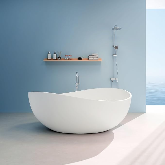 Premium Upgraded 63" Solid Surface Freestanding Bathtub, Unique Oval Stone - Image 2