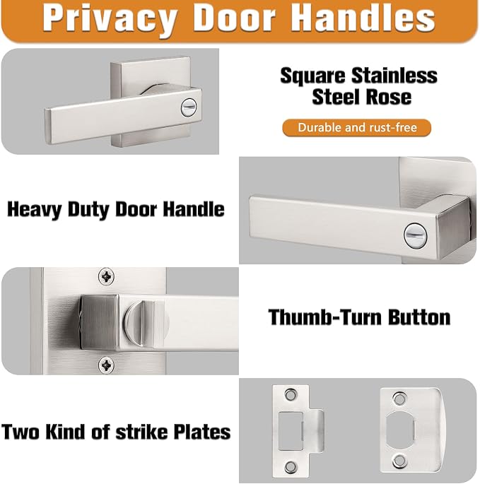 Probrico Interior Brushed Nickel Door Handle, Heavy Duty, Flat Square Privacy - Image 4