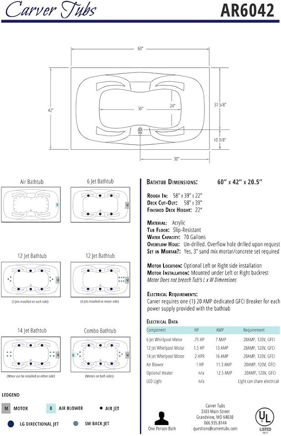 Carver Tubs - AR6042 - Modern Acrylic Fiberglass Soaking Bathtub - w/Spacious - Image 6