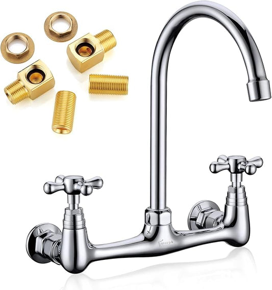 Commercial Brass Wall Mount Faucet, 2 Handles, 8 Inches Center, 360 Swivel by Favorpo