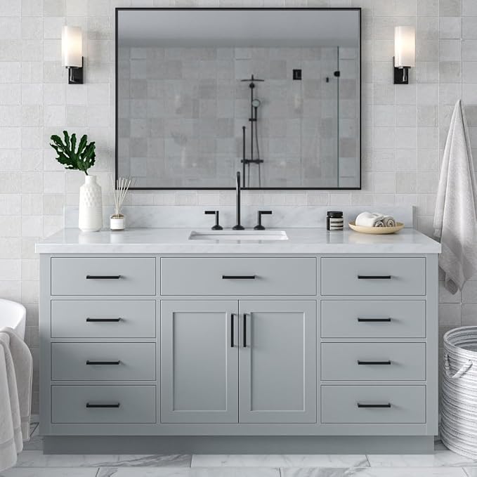 ARIEL 67" Grey Bathroom Vanity, 1.5" Edge Italian Carrara Marble Countertop & by Ariel
