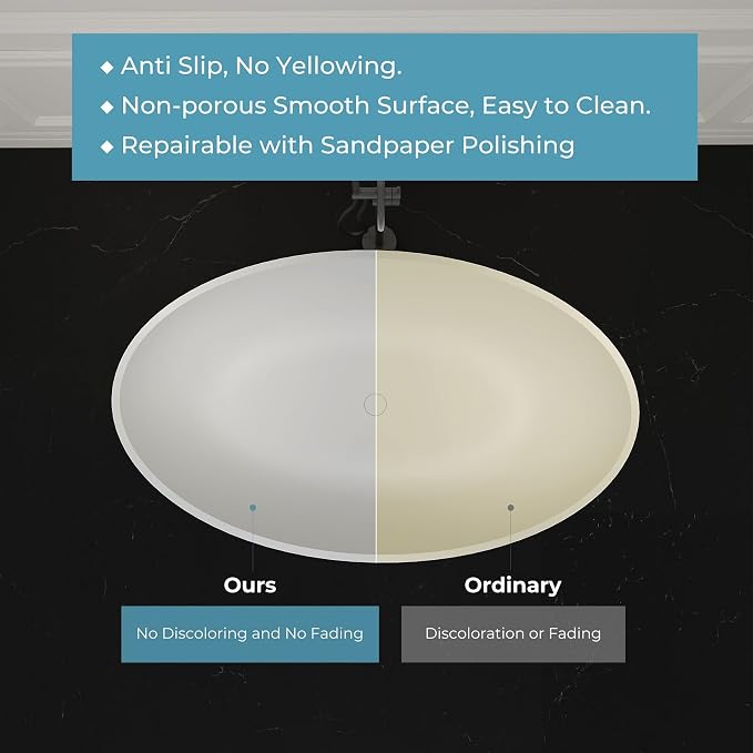 Premium Upgraded 63" Solid Surface Freestanding Bathtub, Unique Oval Stone - Image 7