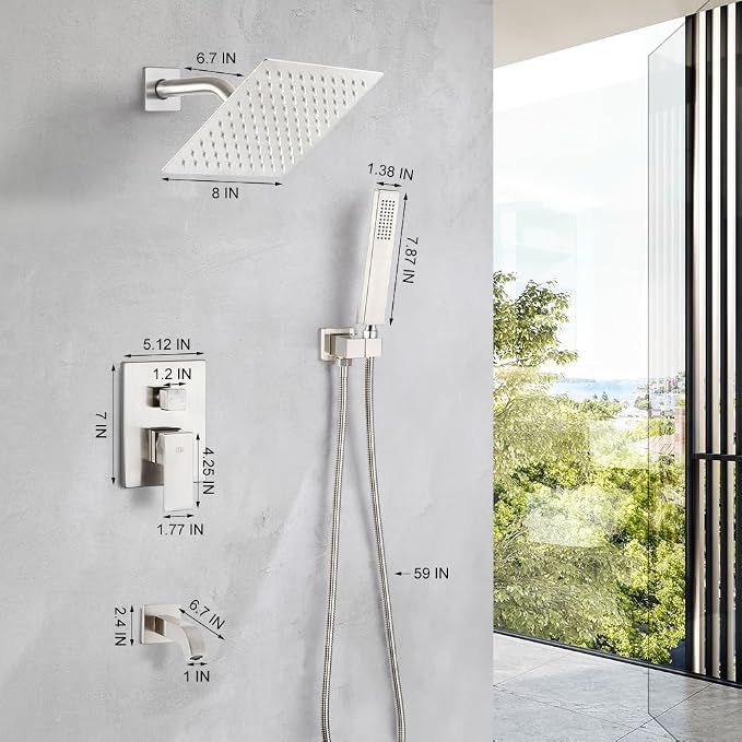 POP SANITARYWARE Shower Tub Faucet Set Brushed Nickel Bathroom 8 Inch Shower - Image 5