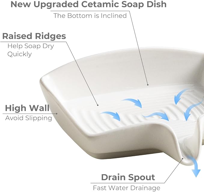 Soap Dish with Waterfall Design, Ceramic Soap Holder Self Draining Bar Soap - Image 4