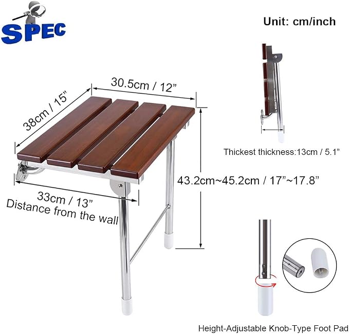 Folding Shower Seat Wall Mounted Bathroom Bathtub Safety Stool Chair, Solid Wood - Image 6