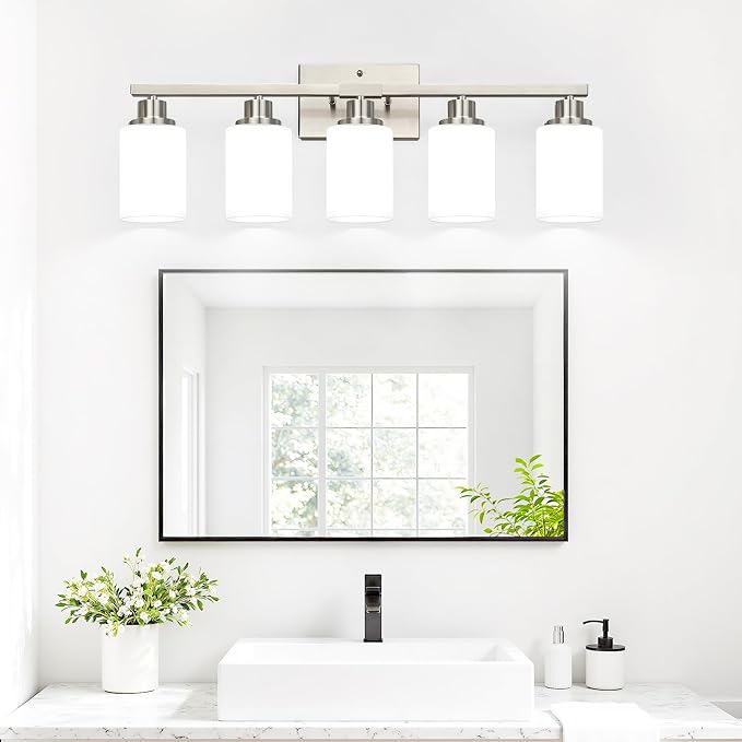 5-Light Vanity Light with Milky White Shades, Brushed Nickle Bathroom Lighting - Image 7