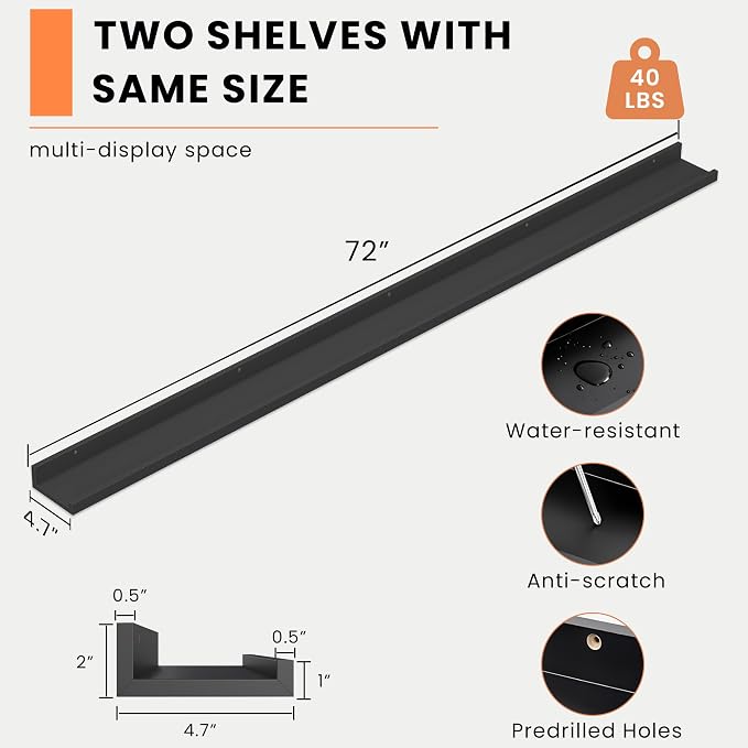 Heimlove Picture Ledge Shelf, Floating Shelves Set of 2, 72 Inches Long Large - Image 3