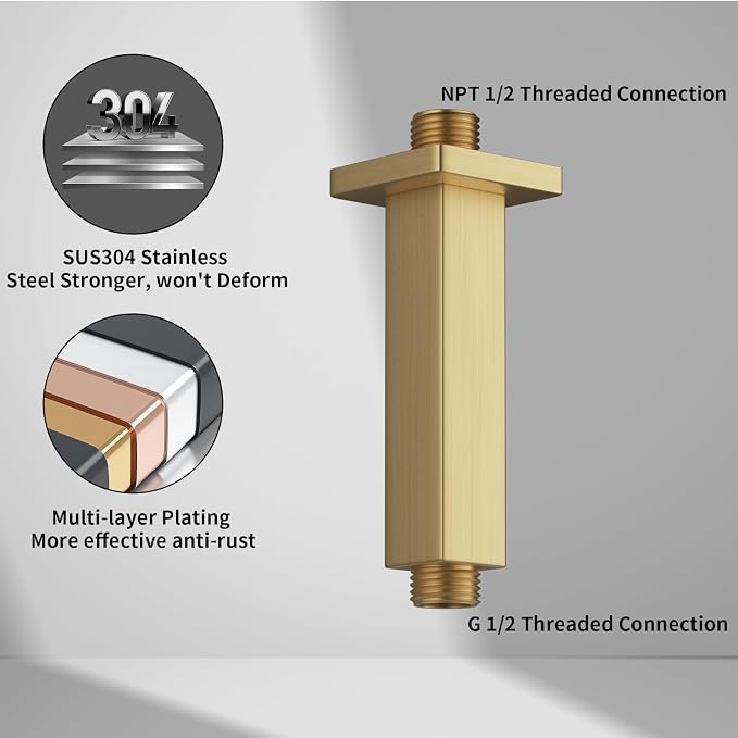 Brushed Gold Shower Arm with Flange 4 inch Square Shower Head Extension Arm - Image 5
