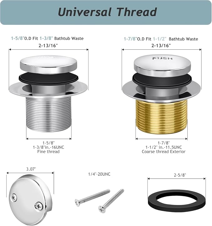 Tip-Toe Bathtub Drain Kit with Two-Hole Overflow Plate, Universal Fine/Coarse - Image 5