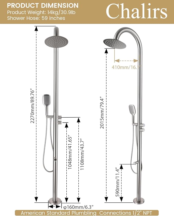 316 Marine Grade Stainless Steel Free Standing Outdoor Shower - Image 7