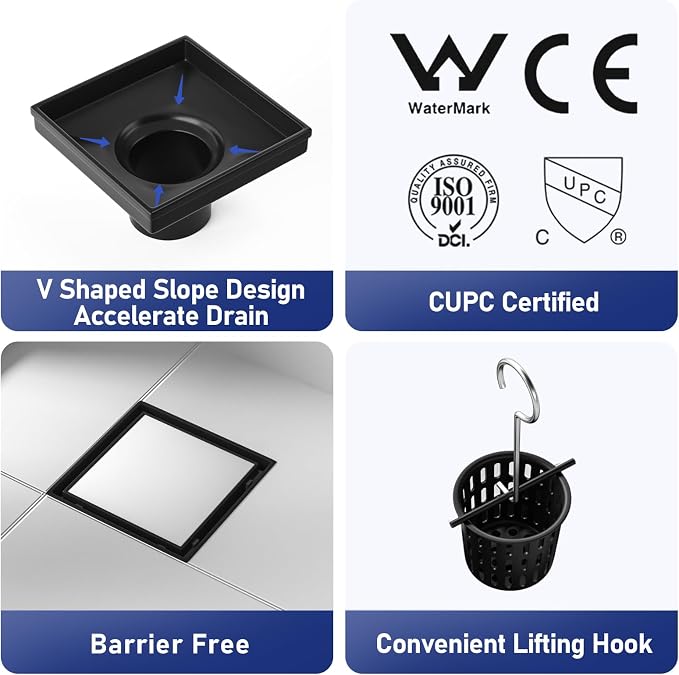 Square Shower Drain 4", Matte Black Floor Drain - Image 2