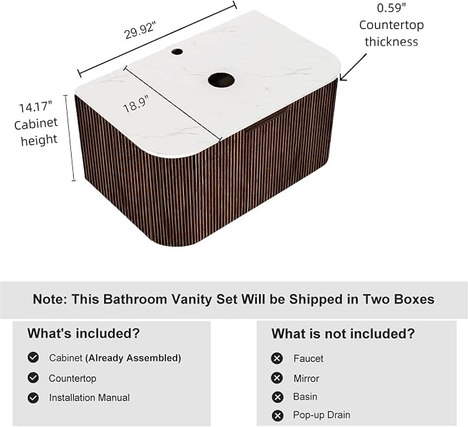 30" Floating Bathroom Vanity Without Sink, Marble Top, Solid Wood Surface and - Image 2