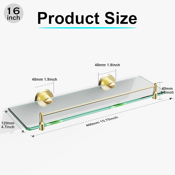 Glass Bathroom Shelves, Brushed Gold Floating Shelves - Image 3