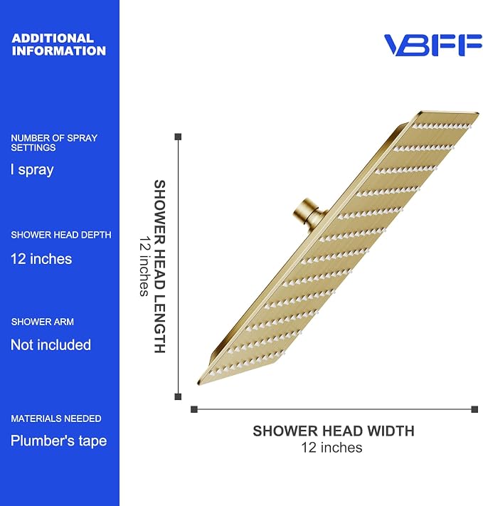 VBFF-Shower Head, rain shower head, 12 inch- Square Shower Head, 1.8 GPM Flow - Image 6