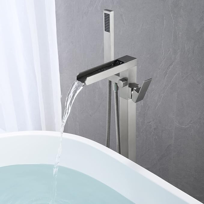 Freestanding Bathtub Faucet Waterfall Tub Filler Brushed Nickel Floor Mount - Image 5
