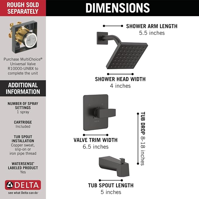 Delta Faucet Modern 14 Series Matte Black Shower Faucet, Tub and Shower Trim Kit - Image 3