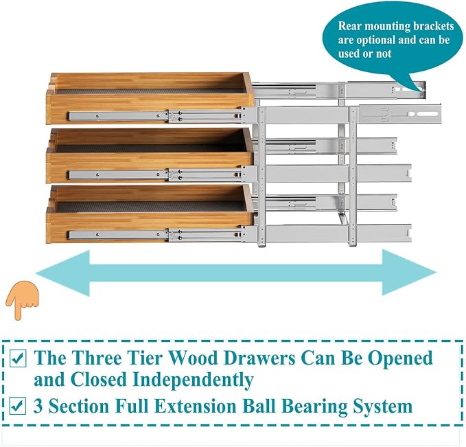 OCG Pull Out Cabinet Drawer 20" W x 21" D, 3 Tier Pull Out Cabinet Organizer - Image 7