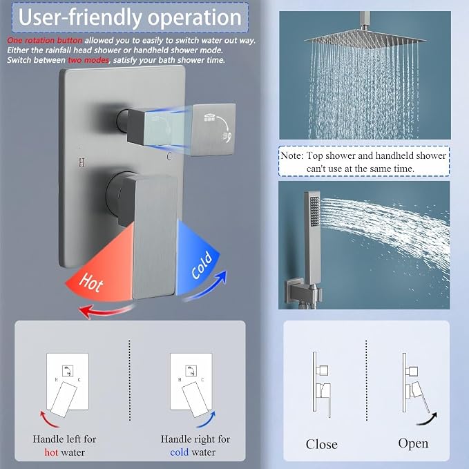 12 Inch Brushed Nickel Ceiling Mount Shower System Bathroom Luxury Rain Mixer - Image 6