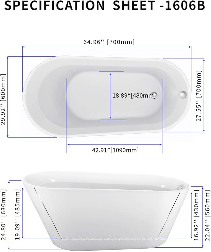 65" Acrylic Freestanding Bathtub, Single Slipper Free Standing Tub, Soaking Tub - Image 2