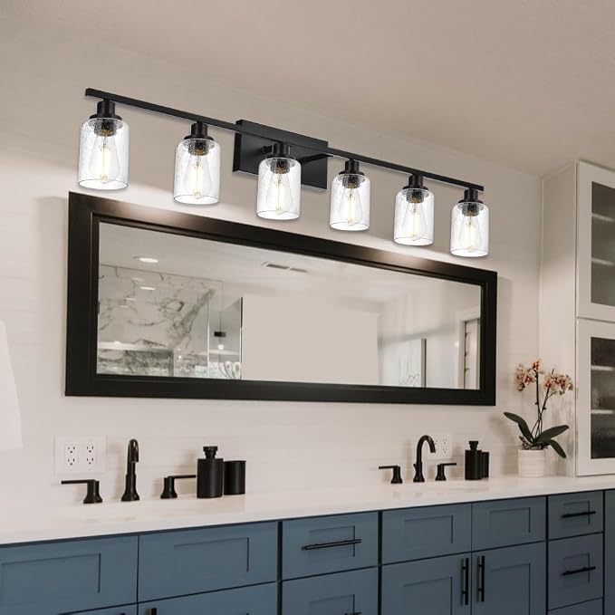 6-Light Seeded Glass Vanity Light Fixtures in Matte Black Finish, 45.3 Inches - Image 3