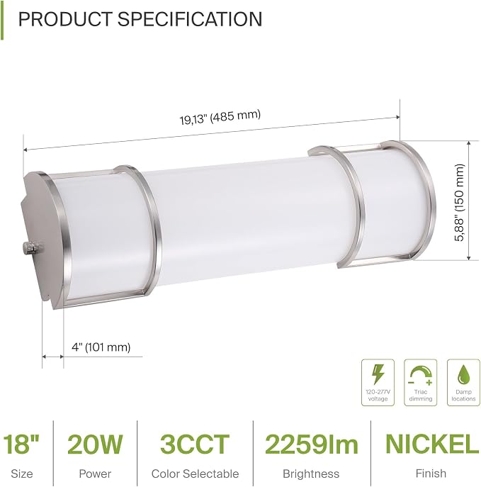 ASD LED 18" Vanity Flush Mount Light Fixture, Linear Bathroom Lighting Bar | - Image 2
