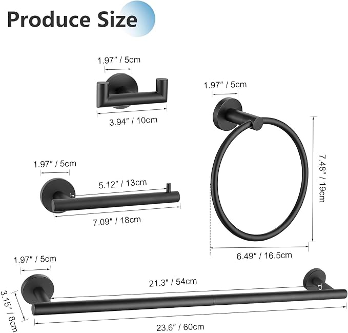 10 Pieces Matte Black Towel Bar Set Bathroom Hardware Accessories Set Upgraded - Image 6