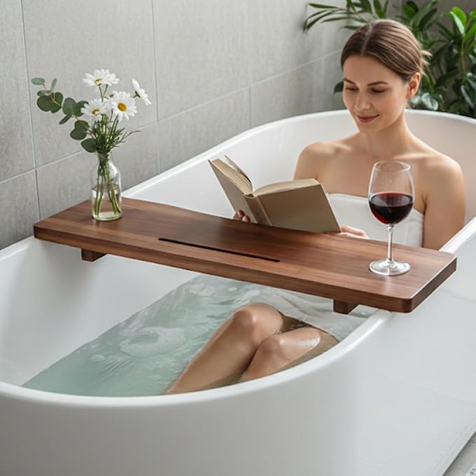 Acacia Wood Bathtub Tray Caddy for Freestanding Tub, 35 Inch Adjustable Bath - Image 5