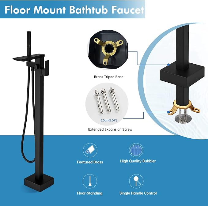 RUMOSE Matte Black Bathtub Filler Freestanding Tub Filler Floor Mount Tub - Image 8