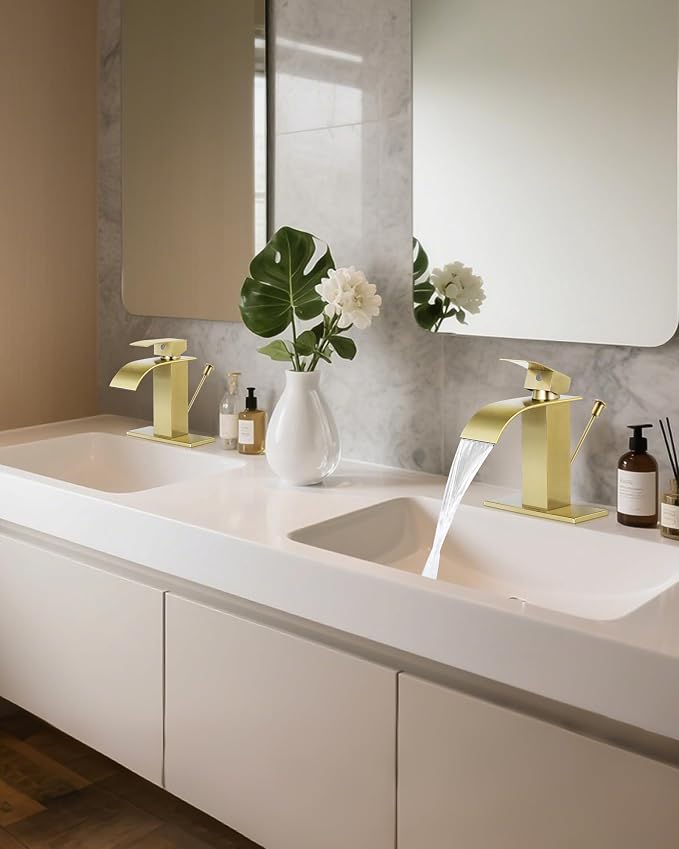 Bathroom Faucets with Lift Rod Drain Brushed Gold Waterfall Bathroom Sink - Image 7