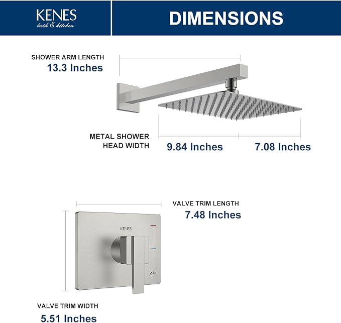 KENES Brushed Nickel 10-Inch Shower Head and Handle Set, Square Shower Faucet - Image 6