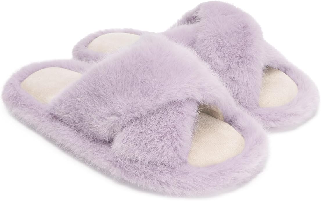 Chantomoo Womens Slippers Memory Foam Fuzzy Cross Band Faux Fur Slippers by Chantomoo