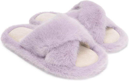 Chantomoo Womens Slippers Memory Foam Fuzzy Cross Band Faux Fur Slippers by Chantomoo