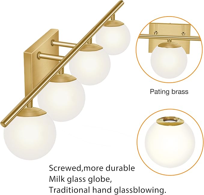 New Bathroom Vanity Light Fixtures Brushed Brass Milk White Globe Glass Shade 4 - Image 3