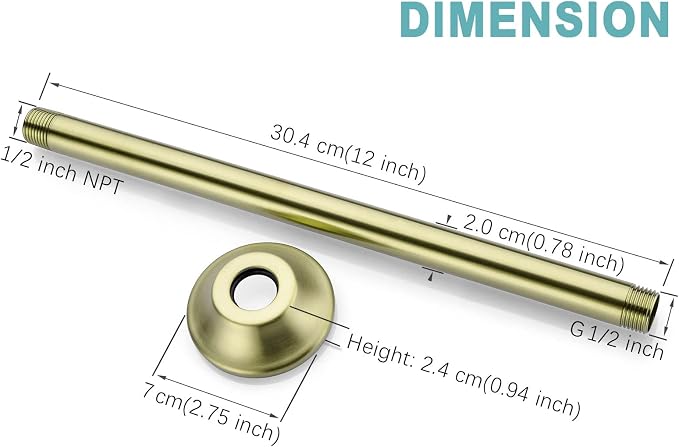 BESTILL 12 Inch Ceiling Mount Rain Shower Head Arm and Flange, Brushed Gold - Image 5