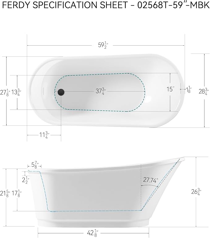 FerdY Langkawi 59" Acrylic Freestanding Bathtub, cUPC Certified, Matte Black - Image 6