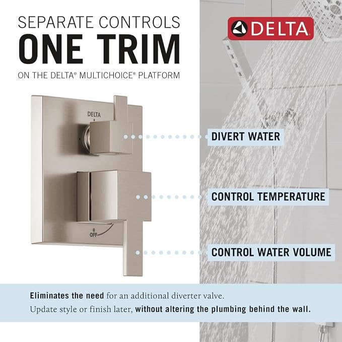 Delta Modern 14 Series Square Rain Shower System Faucet Set, Rainfall Brushed - Image 4