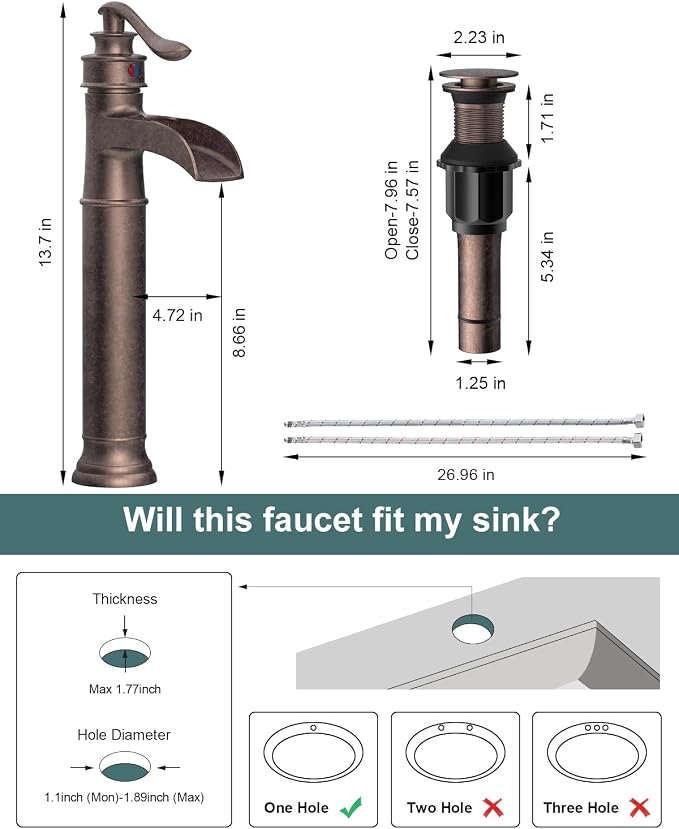 BWE Vessel Sink Faucet Waterfall Antique Copper Single Hole - Image 9